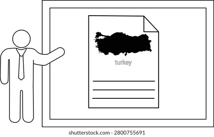 A person in a suit points to a presentation screen displaying a map of Turkey and text.