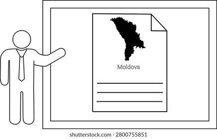 A person in a suit points to a presentation screen displaying a map of Moldova and lines for text.