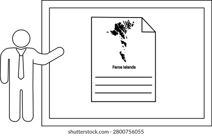 A person in a suit points to a presentation screen displaying a map of the Faroe Islands with text and lines for notes.