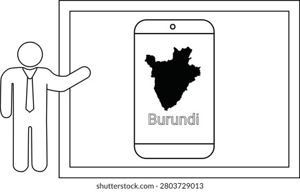 A person in a suit points to a smartphone displaying the map of Burundi.