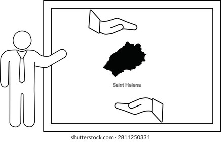 A person in a suit presents a map of Saint Helena Island with two open hands symbolizing support or offering.