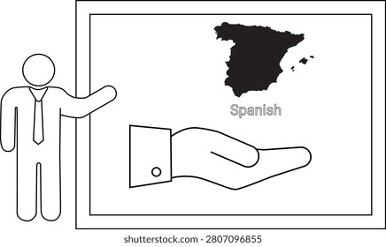 A person in a suit presents a map of Spain and the word Spanish with a hand graphic.