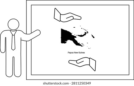 A person in a suit and tie points to a whiteboard displaying a map of Papua New Guinea with two hand graphics.