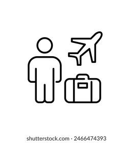 Person, suitcase and airplane. Business travel, airport passenger journey and baggage services. Pixel perfect vector