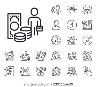 Person with suitcase sign. Specialist, doctor and job competition outline icons. Money profit line icon. Business skill symbol. Money profit line sign. Avatar placeholder, spy headshot icon. Vector