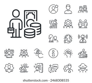 Person with suitcase sign. Specialist, doctor and job competition outline icons. Money profit line icon. Business skill symbol. Money profit line sign. Avatar placeholder, spy headshot icon. Vector