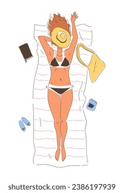 Person sunbath at beach doodle. Leisure outdoor in summer season. Woman lie at blanket. Miniamlistic creativity and art. Cartoon flat vector illustration isolated on white background