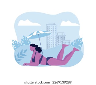 Persona con quemaduras de sol. Niña en bikini o bañador en la playa y tomando el sol en verano. Carácter con quemadura solar de ultravioleta. Dibujo vectorial plano de dibujos animados aislado en fondo blanco