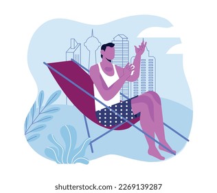 Person with sunburn. Man with sunburn lies on sun lounger and applies moisturizing sunscreen. Sun cream in summer season. UV exposure. Cartoon flat vector illustration isolated on white background
