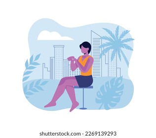 Person with sunburn. Young woman applies moisturizing sunscreen to skin. Sunburn prevention and UV protection. Summer dermis care. Cartoon flat vector illustration isolated on white background