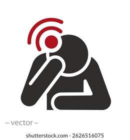 person supports head with hand, headache icon, head hurts, pain, flat vector illustration
