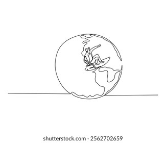 a person surfing on top of a large globe, representing global adventure and exploration. A continuous line drawing of business and finance theme illustration