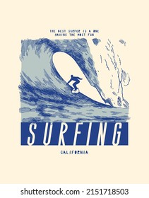 Person surfing. Small person figure riding huge wave. Vintage typography silkscreen t-shirt print vector illustration.