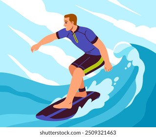 Ondas de surf pessoais. Homem de maiô anda na prancha de surfe. Estilo de vida ativo e esportes radicais. Jovem em um país tropical e exótico. Surfista no mar ou no oceano. Ilustração de vetor plano