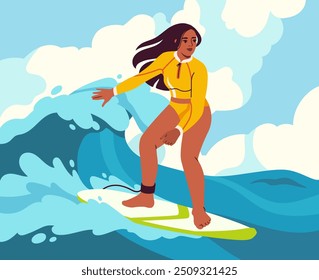 Person surfing waves. Woman in swimsuit ride at surfboard. Active lifestyle and extreme sports. Young girl in tropical and exotic country. Poster or banner. Flat vector illustration