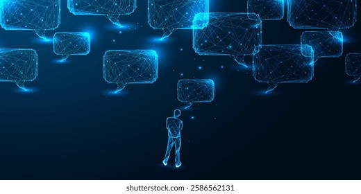 Person surrounded by glowing speech bubbles on dark blue background. Digital communication, social networking, information exchange concept. Abstract wireframe design. Futuristic vector illustration