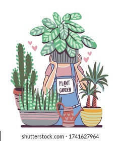 Person surrounded by potted plants holds a plant in hands. with the inscription on overalls and hearts. Home garden vector concept illustration.