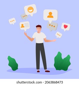 Person surrounded by speech bubbles. Concept of verbal communication skills or abilities, business speaker, communicating through messages. Modern flat colorful vector illustration for banner, poster.
