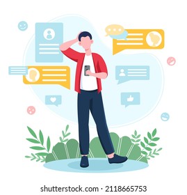 Person surrounded by speech bubbles concept. Young man holding smartphone communicates with friends and sends them messages online. Chatting on social networks. Cartoon flat vector illustration