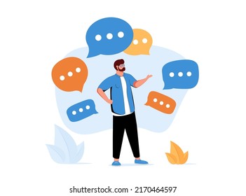 Person surrounded by speech bubbles. Concept of verbal communication skills or abilities, business speaker, communicating through messages. Modern flat colorful vector illustration for banner, poster.