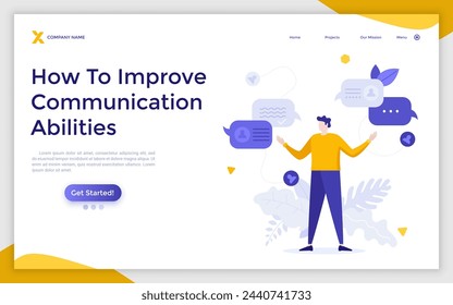 Person surrounded by speech bubbles. Concept of verbal communication skills or abilities, business speaker, communicating through messages. Modern flat colorful vector illustration for landing page