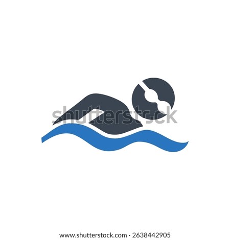 A person swimming with goggles and waves.