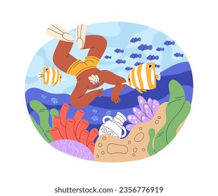 Persona nadando bajo el agua. Hombre feliz nadando bajo el agua del mar con peces, arrecife de coral. Submarino tropical, fondos marinos en vacaciones de verano, vacaciones. Ilustración vectorial plana aislada en fondo blanco