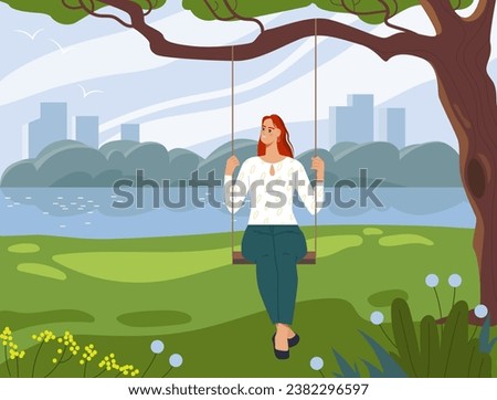 Person at swings in park. Woman rest and relax outdoor in summer or spring season. Young girl at background of cityscape. Graphic element for website. Cartoon flat vector illustration