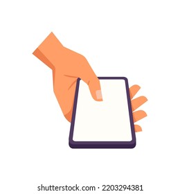 Person swipe up smartphone, read info on screen, mobile phone in hand vector illustration in flat cartoon style. Man or woman message on portable digital device, gadget for communication
