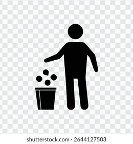 Person symbol disposing waste in a trash can, representing cleanliness and waste management.