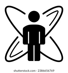 Person with symbol of science solid icon, science concept, Human silhouette with atom sign on white background, atom around of man icon in glyph style for mobile and web. Vector graphics
