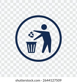 Person symbol throwing waste into a trash can, circular icon for waste management and cleanliness.