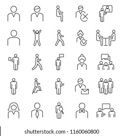 Person Symbols, Basic Outline Vector Icons Collection. Male, Female And Group Of People Basic Positions. User Profile Symbols Set With Simple Activities And Postures.