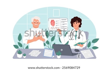 Person with a symptom of a heart attack consults a cardiologist. Diagnosis and treatment of heart disease. Vector flat illustration