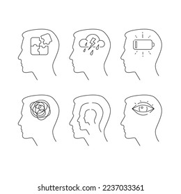 Síntomas personales del trastorno de depresión. Cansado carácter exhausto que padece ansiedad, agotamiento, confusión o síndrome de burnout. Concepto de salud mental. Ilustración del vector