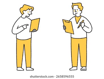 Una persona con una tableta y una persona con un aglutinante