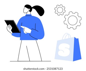 Persona con la tableta en puntos superiores azules en la pantalla. Los engranajes indican automatización, innovación. La bolsa de la compra sugiere el comercio electrónico. Ideal para compras en línea, tecnología, comercio electrónico, automatización, negocios