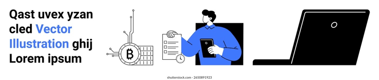 Pessoa com tablet perto do símbolo Bitcoin, área de transferência e laptop. Ideal para fintech, criptomoeda, segurança digital, gerenciamento de dados, apresentações de negócios, start-ups tecnológicas, educação on-line. Aterrissagem