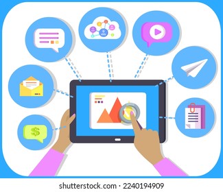 Person with tablet PC in hands, use internet and surf online. User playing game with device. Student using social networks with gadget. Hands holding tablet computer and pointing towards it
