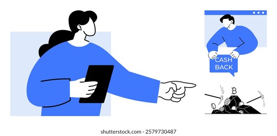 A person with a tablet points towards a cashback offer and a cryptocurrency mining setup. Ideal for finance, digital marketing, e-commerce, blockchain technology, investment strategies, and online