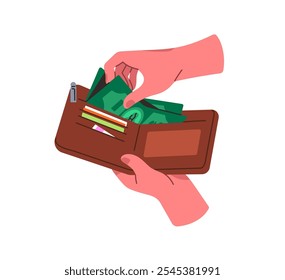 A pessoa pega as notas de dólar da bolsa para pagar. Mãos humanas seguram uma carteira de couro com notas de banco verdes. As pessoas colocam dinheiro, salário em venda. Ilustração de vetor isolado plano sobre fundo branco