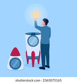 persona toma una lámpara de ideas desde el interior del cohete, metáfora de la innovación de ideas