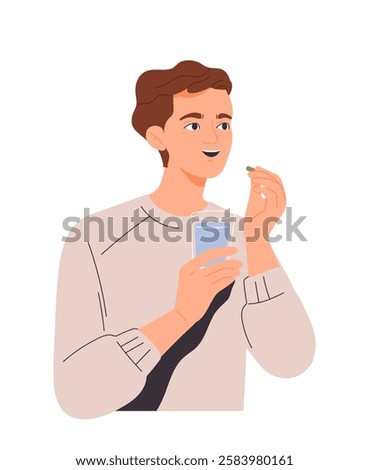 Person takes pill. Man eats pharmacological drug, painkiller or antipyretic medicine to treat disease. Character takes cure or vitamins to prevent illness. Flat vector isolated illustration