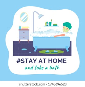 The person takes a relaxing bath. Soft foam. Spa. Taking shower. Stay at home and stay safe. I stay at home awareness social media campaign and coronavirus prevention. Flat image illustration