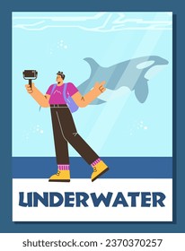 Person takes a selfie against the background of a whale in an aquarium. Oceanarium excursion, marine fauna vector poster. Cartoon underwater ocean and sea big fish behind of aquarium glass