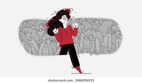 A person takes a step out of a comfort zone of social relations, vector illustration of marginality or personal development.