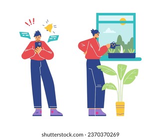 Person is taking care of flowers while another is addicted to the phone. FOMO fear of missing out. JOMO joy of missing out. Psychological positive or negative lifestyle vector illustration