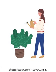 Person taking care for plant vector, lady with watering can and plant growing in pot. Female isolated, working person by botanical decor, foliage