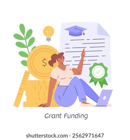 Person taking grant money. Form of financial aid. Student pay education loan. Concept of grant certificate, university and college fee, study fund, scholarship money. Vector illustration