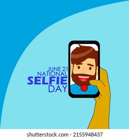 A Person Taking His Own Picture Using A Smartphone With Bold Texts On Blue Background, National Selfie Day – June 21